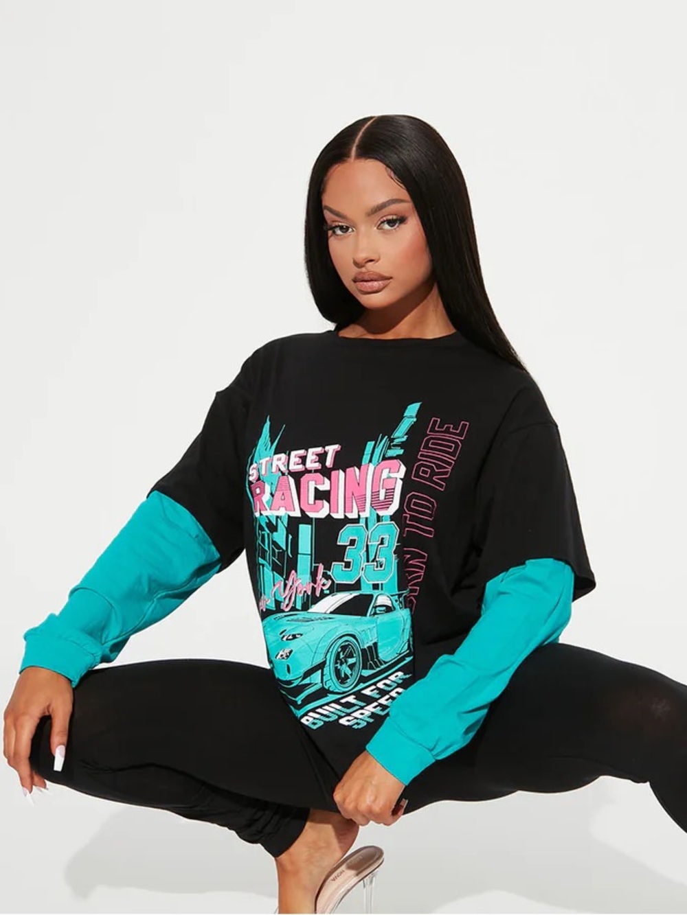 Street Racing Graphic Tee with Teal Layered Sleeves